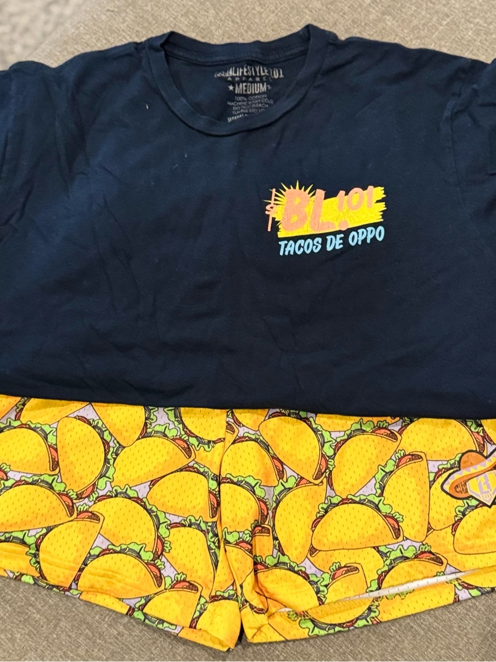 BL101 Tacos De Oppo Navy & Yellow Men’s Taco-Print Shorts & Shirt